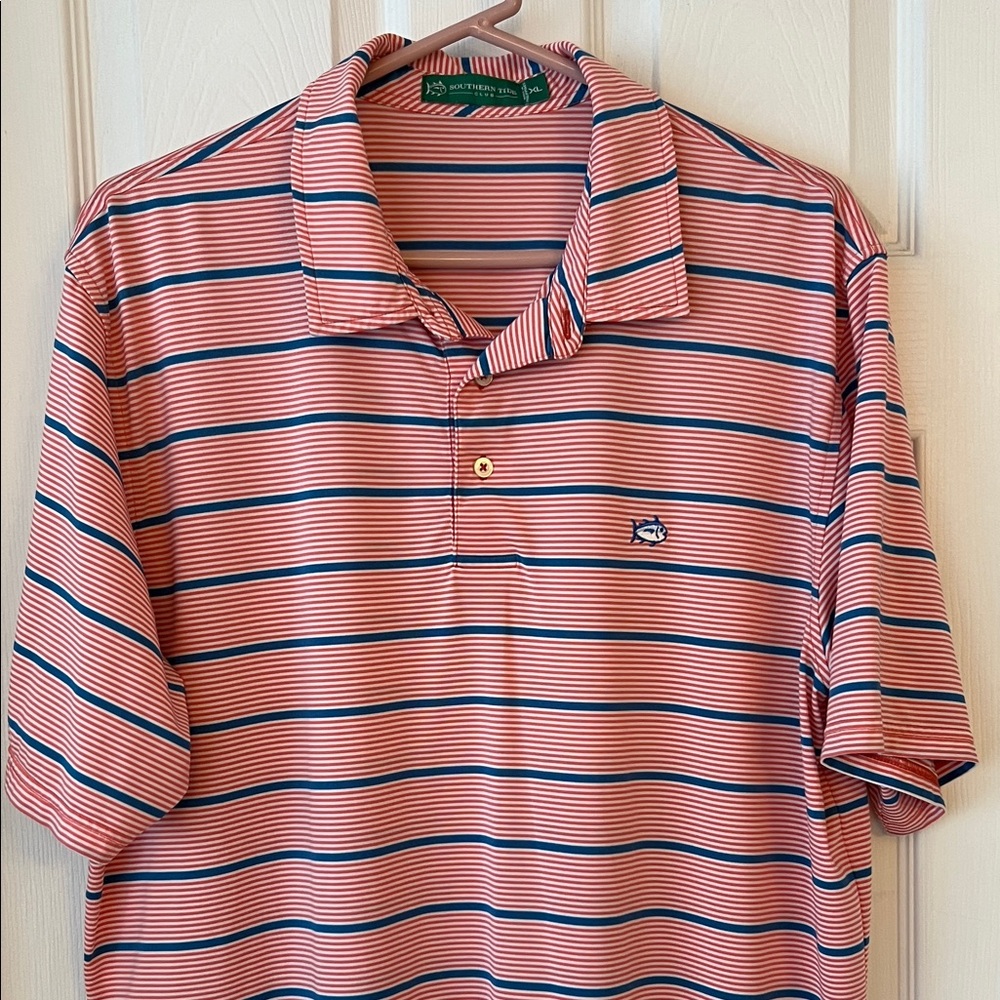 Southern Tide Striped Polo Shirt - Orange and Blue Men’s XL